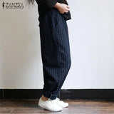 ZANZEA Autumn Striped Pants Women Casual Baggy Pant Turnip Long Pantalon Palazzo Lady Elastic Waist Harem
