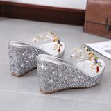 2020 Women Transparent Clear Crystal Sequins Platform Wedge Thick Sole Sandals High Heels Mules Slides Summer Beach
