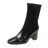 Celebrity Elastic Thin Thin Boots Female 2023 Autumn New Thick High Heel Temperament Short Boots Female White Lacquer Leather Martin