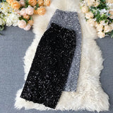 Women Sequins Pencil Skirts Korean Elegant Mid Length Bodycon Jupe Spring Sexy Femme Trend High Waist Slim Shinny