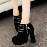 High Heels Women Pumps Ankle Boots Autumn Winter Black Brown Zipper Party Metal Round Toe Thick Platform Female Booties