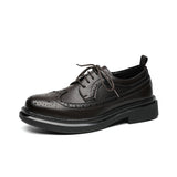 Breakj Vintage Round Head Cloth Block Carved Men's Fashion Business Casual Leather Shoes Increased Thick Bottom
