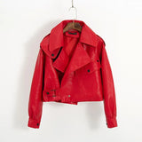 New Spring Women Faux Leather Jacket Biker Red White Coat Turndown Collar PU Motorcycle Jackets Loose Streetwear