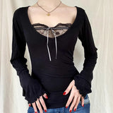Sexy Lace Patchwork Solid Casual Basic Tshirt Women Vintage Black Long Sleeve Top Tees Cute Pullovers Chic