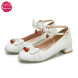 Fashion Cosplay Party Princess Lolita Women Shoes Low Heel Mary Jane Butterfly-Knot Block Pumps Shining Strawberry