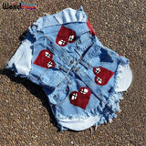 Puss Sexy Heart Print Jean Shorts Women Casual Summer Fashion 2021 Streetwear Fur-Lined Leg-Openings Denim Booty