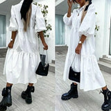 Dress Loose Women Party Dresses Sexy Turn-down Collar Button Office Lady Robes Retro Half Sleeve Long Dress Robe