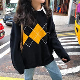 Knitted Sweater Women Oversized Argyle Sweaters Fashion Clothes Famale Long Sleeve Korean Crop Top Women Ropa De