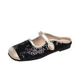Semi-Slippers Women's 2024 Summer New French Sequins Temperament Square Head Soft-Soled Single Shoes Wear Sandals And