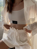 Lace Up Shorts Female 2 Piece Clothing Sets Turn Down Collar Loose Long Sleeve Korean Fashion Top Button Women's