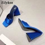 2022 New Arrival Summer Silk Triangle Square Heels heel Slippers Sexy Street Woman Party Square toe Dress Slides