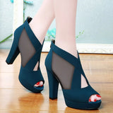 2021 Summer Women High Heel Shoes Mesh Breathable Pomps Zip Pointed Toe Thick Heels Fashion Female Dress Shoes Elegant
