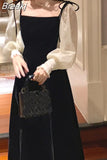 Spring Black Velvet Dress Women Square Collar Vintage One Piece Dress Korean Office Lady Elegant Midi Dress Party
