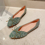 Spring Lace Bowknot Flats Women Glitter Crystal&Beads Ballets Shoes Ladies Pointed Toe Loafers Dress Slip On Moccasins