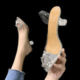 Breakj Pointy Heels Women Sunflower Diamond Hollow Back Half With High Heel Sandals