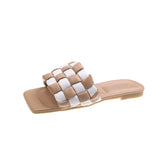 New Woman Flats Slippers Fashion Weave Grid Open Toe Shoes Designer Outdoor Bohemian Female Slides Shoes Sandals Women