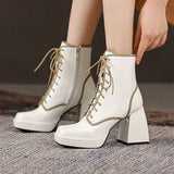 Vintage Square Toe Ankle Boots Women Patent Leather Thick Heels Boots Woman Lace Up Platform Botas Mujer Invierno