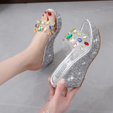 2020 Women Transparent Clear Crystal Sequins Platform Wedge Thick Sole Sandals High Heels Mules Slides Summer Beach