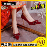 Stilettos Wedding Shoes Girls Autumn And Winter 2023 New French Bow Wine Red High-Heeled Shoes Toast Without