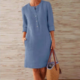 Winter Autumn Button Cotton Linen Dress women Elegant O-Neck Knee length Long Sleeve Pocket Solid Dress Plus Size