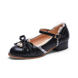 Sweet Lolita Women Summer Mary Jane Shoes Low Heel Lace Patchwork Bow Pearls Pumps Strap Buckle Japanese Big Feet Plus