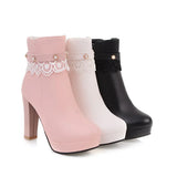 2022 Sweet Ankle Boots Lolita Appliques Platform Super High Heel Pearl Rivet Lace Cosplay Thick Sole Shoes Pink White Red