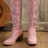 New Pink Knee-length Boots Women Embroidery Western Cowboy Boots Female Fashion Slip on Pointed-toe High Heel Knight