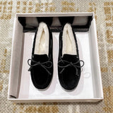 Winter Shearling Wool Shoes Woman Lambs Fur Flats Genuine Leather Mocasines Mujer Bowtie Loafers Warm Plush Boots