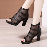 2022 Peep Toe Sandal Boots Mesh Summer Heels Women's High Heeled Platform Shoes Hollow Out Square Heel Back Zip