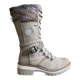 Mujer Women's Winter Side-pull Lace-up Knitted Mid-tube Boots Low-heeled Round-toe Boots High-quality Winter Warm Boots