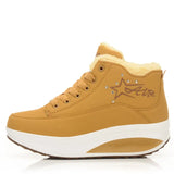 Women Cotton-padded Winter Outdoor Snow Boots Wedge Sneakers Height Increase Slimming Running Shoes Leather Rocking Shoes