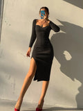 Knit Knee Length Dresses For Women Sexy Square Collar Elegant Long Sleeve Bodycon Side Split Chic Fall Fashion