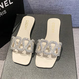 Breakj Version Of Waterdiamond Type Flat Bottom Slippers Female Women Flat Slippers Square Head One Foot Pedal
