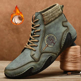 o'clock Autumn Leather Vintage Men Boots Fashion Street High-top Shoes Winter Warm Lined Handmade Lace-up Botas de