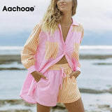 Fashion Patchwork Cotton 2 Piece Set Women Long Sleeve Pockets Shirt With High Waist Shorts Striped Print Holiday