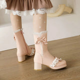 2021 Autumn Winter Cosplay Mid Long Boots Women Pink White Black Princess Ruffles Butterfly-knot Chunky Hees Lolita JK