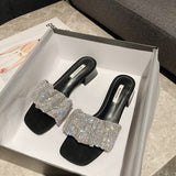 Breakj Temperament Famous Woman Summer Slippers French Small Heel Low Heel 3 Cm Black Water Drill Fashion Wearing