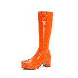 Autumn Winter Patent Leather Boots Fashion Long Shoes Round Toe Platform Thick Heel Ladies Party Wear Green Yellow Lavender