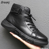 Boots for Men Black PU Leather Casual Shoes Spring Comfortable Platform Boot High-top 2022 Winter Plush Warm Booties