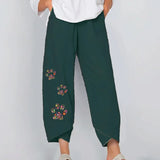 New Floral Print Cotton Linen Pants Fall Summer Loose Irregular Elastic Waist Wide Leg Pant Casual Elegant Pocket
