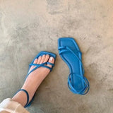 New Holiday Style Korean Square Head Cross Strap Roman Sandals Toe Blue Flat