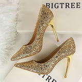 Breakj Women's Shoes High Heel Shallow Pointed Shining Sequins Sexy Thin Nightclub High