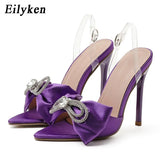 Rhinestone Silk Butterfly-knot Women Mule high heels Slippers Sandals Pointed toe Strappy Slides Party shoes size