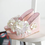 Wedges Slippers High Heels Women's Summer Flower Decoration Sandals Fashion Silver Female Casual Gold Shoes Size