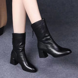 Breakj Women's Shoes Fashion Classic Versatile Thick Heel Medium Boots Leather Boots High Heel Women's Boots