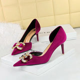 Breakj Banquet High Heels Fine Heel Shallow Mouth Tip Side Hollow Out And Thick Suede Water Diamond Button Bow Single
