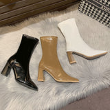 Celebrity Elastic Thin Thin Boots Female 2023 Autumn New Thick High Heel Temperament Short Boots Female White Lacquer Leather Martin
