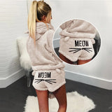 Fuzzy Hooded Sweatshirt with Ears Suit Women Letter Printed Coral Velvet Pajama Two Piece Set Cat Print Home