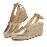 Breakj Summer New Hemp Rope Heel Sandals Women High Heel Head Bow Snake-Snake Sandals Large