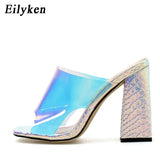 2022 Summer Square High Heels Mules Women Slippers PVC Transparent Slides Casual Slippers Shoes size